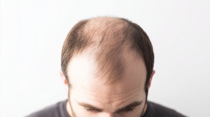 Obraz premium Photorealistic top view of a man with visible bald patches and thinning hair texture under natural light, highlighting male hair loss and scalp health in a clean clinical setting
