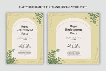 Traditional Happy retirement party celebration flyer design, social media post, vintage, old, elder, senior, festive, emotion, royal, wish, greeting, invitation, black, event, a4 templates bundle.