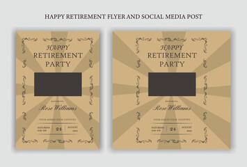 Traditional Happy retirement party celebration flyer design, social media post, vintage, old, elder, senior, festive, emotion, royal, wish, greeting, invitation, black, event, a4 templates bundle.