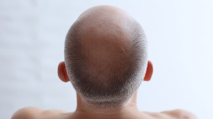 Fototapeta premium Photorealistic top view of a man with visible bald patches and thinning hair texture under natural light, highlighting male hair loss and scalp health in a clean clinical setting