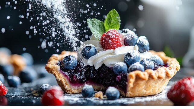 A mouthwatering pie filled with colorful berries and garnished with mint is beautifully positioned, exuding freshness and inviting warmth in a culinary delight.