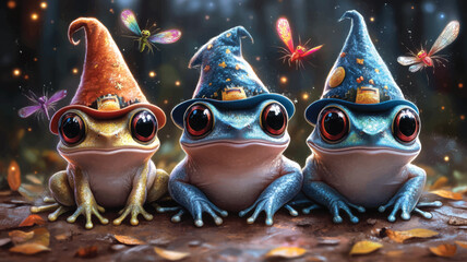 Obraz premium Cute Halloween Frogs in Wizard Hats.