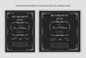 Traditional Happy retirement party celebration flyer design, social media post, vintage, old, elder, senior, festive, emotion, royal, wish, greeting, invitation, black, event, a4 templates bundle.