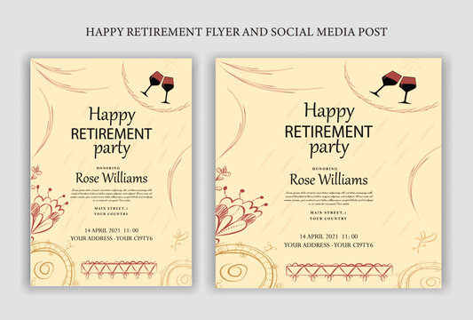 Traditional Happy retirement party celebration flyer design, social media post, vintage, old, elder, senior, festive, emotion, royal, wish, greeting, invitation, black, event, a4 templates bundle.