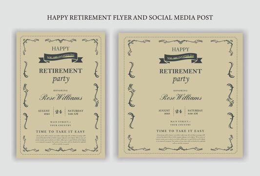 Traditional Happy retirement party celebration flyer design, social media post, vintage, old, elder, senior, festive, emotion, royal, wish, greeting, invitation, black, event, a4 templates bundle.