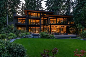 Fototapeta premium Modern Architectural Design with Natural Surroundings at Dusk