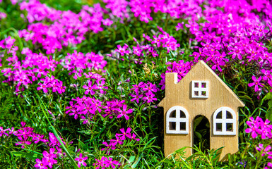 The symbol of the house on the background of purple flowers
