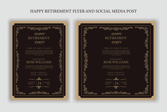 Set of retirement party invitation, square banner, instagram story and a4 poster, vector illustration Retirement Flyer Design Template. Retirement Party Invitation Layout, square banner, and a4 poster