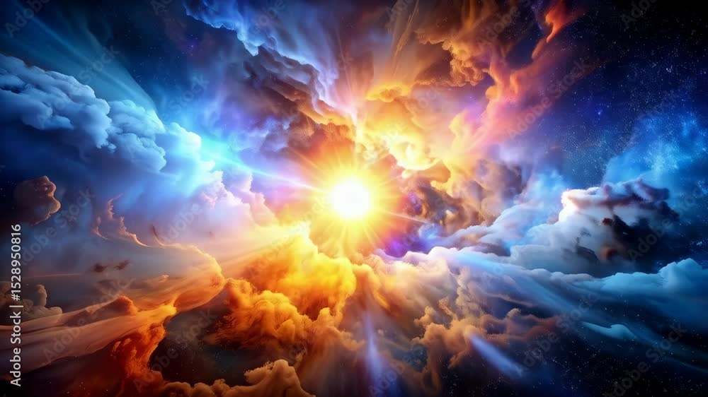 Poster abstract space scene featuring a bright central starburst surrounded by colorful nebula clouds in or