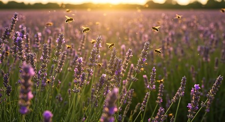 Obraz premium Lavender Field at Sunset with Bees