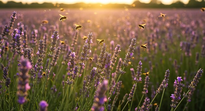 Lavender Field at Sunset with Bees