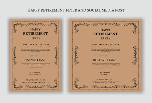 Set of retirement party invitation, square banner, instagram story and a4 poster, vector illustration Retirement Flyer Design Template. Retirement Party Invitation Layout, square banner, and a4 poster