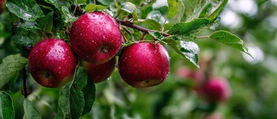 The vibrant apples glistening with rain droplets on their branches.