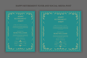 Set of retirement party invitation, square banner, instagram story and a4 poster, vector illustration Retirement Flyer Design Template. Retirement Party Invitation Layout, square banner, and a4 poster