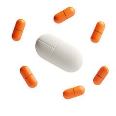 White capsule surrounded by several orange capsule pills isolated on white or transparent png
