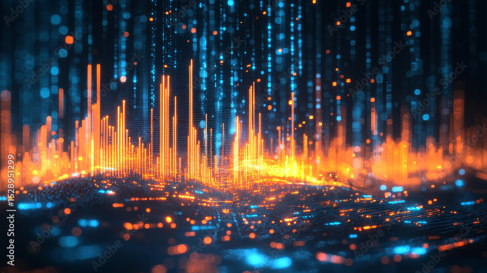 Poster abstract digital data visualization graph with vibrant orange and blue colors, representing analytic