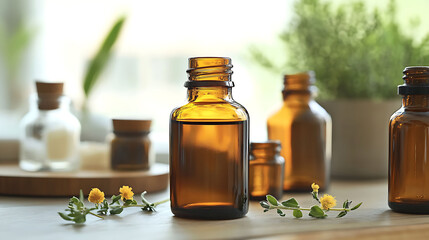 macro shot of natural ingredients and amber glass bottles