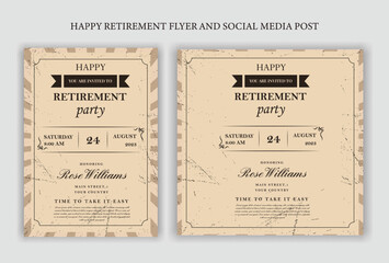 Set of retirement party invitation, square banner, instagram story and a4 poster, vector illustration Retirement Flyer Design Template. Retirement Party Invitation Layout, square banner, and a4 poster