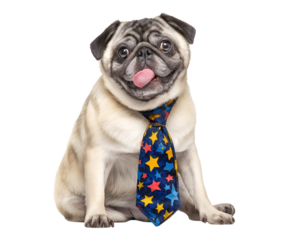 A cute pug dog wearing a colorful tie with stars, sitting on the floor, tongue out and looking at the camera isolated on a transparent background