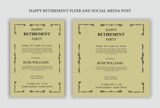 Set of retirement party invitation, square banner, instagram story and a4 poster, vector illustration Retirement Flyer Design Template. Retirement Party Invitation Layout, square banner, and a4 poster