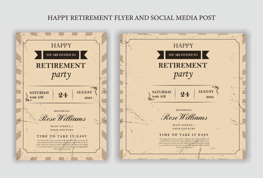 Set of retirement party invitation, square banner, instagram story and a4 poster, vector illustration Retirement Flyer Design Template. Retirement Party Invitation Layout, square banner, and a4 poster