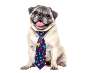 Cute expression Pug dog wearing a tie with colorful stars, sitting with happy expression isolated on a transparent background