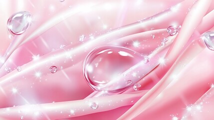Abstract pink silk background with water droplets and bright sparkles
