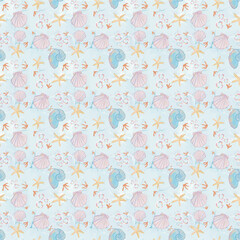 Seashell seamless pattern beach themed pastel color  with high quality resolution for wallpaper, background, prints, textile