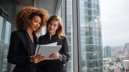 confident women reviewing project data by large office window 