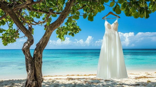 A white dress hanging from a tree on a beach with a clear blue sky and turquoise water.
