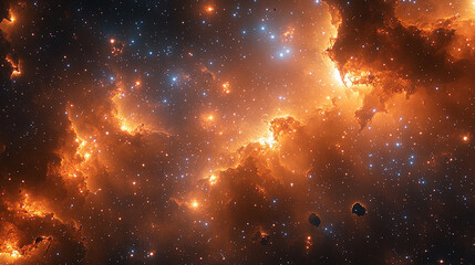 Golden Nebula Illuminating the Vast Cosmic Space