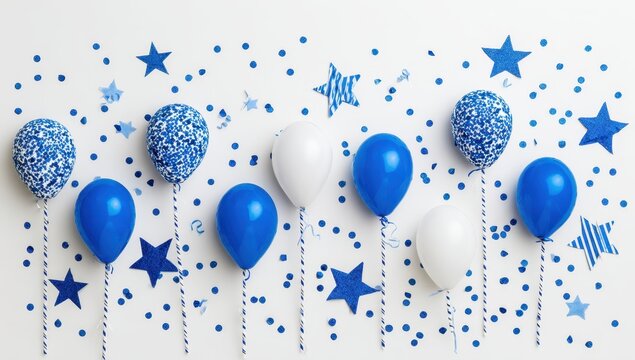 Blue and white balloons with confetti and stars
