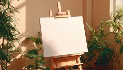 Blank canvas on easel in sunlit room