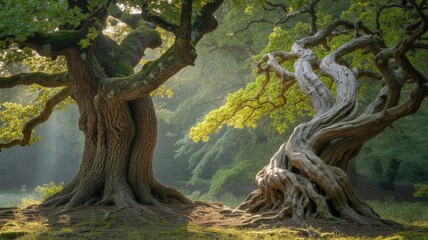 Majestic ancient oak trees in a lush green forest illuminated by morning sunlight creating a breathtaking scenic landscape