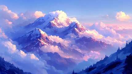 majestic snow-capped mountain range emerging through misty clouds, Majestic snow-capped mountain peak, shrouded in clouds. ,with clouds swirling around peaks at sunset 
