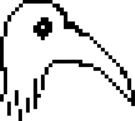 Pixel art black and white bird head with long beak, simple retro illustration, digital 8 bit animal icon