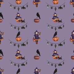 Cute Halloween seamless pattern with little witches, pumpkins, black cats, ravens, bats, spiders, and lanterns on a purple background. Perfect for kids’ designs, fabric, and seasonal decor.
