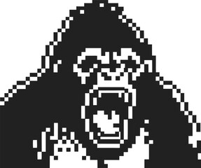 Obraz premium Pixelated angry gorilla roaring retro 8 bit black and white ape illustration, vintage arcade game animal character
