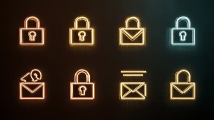 Security in Neon: Illuminated neon icons of padlocks and envelopes symbolize digital security and data protection, conveying a sense of secure communication and confidentiality.