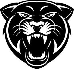 Fototapeta premium Fierce panther head roaring with open mouth aggressive wild animal logo, black and white illustration, strength and power symbol