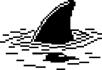 Fototapeta premium Pixel art shark fin emerging in water retro black and white aquatic symbol, vintage design for danger or ocean alert concept