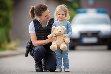 Police officer kneels beside smiling child holding teddy bear. Warm interaction on quiet suburban street during daylight hours