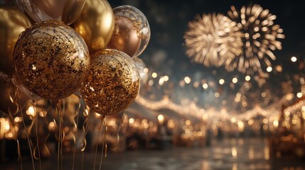 Golden celebration with balloons and fireworks