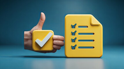 Completed Task Illustration: A vibrant illustration of a hand gesture a thumbs-up accompanied by a completed checklist, showcasing the satisfaction of task completion. 