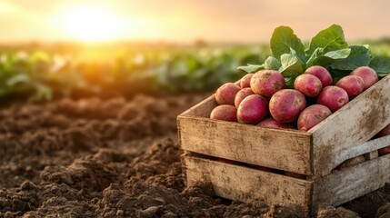 A rustic wooden crate filled with farmer's fresh potatoes is illuminated by the warm sunlight, symbolizing the bounty of nature and the joy of harvest season.