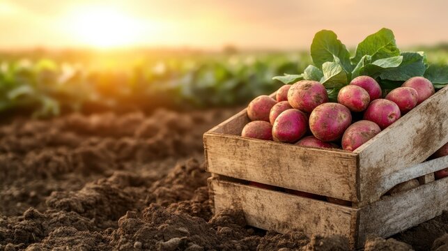 A rustic wooden crate filled with farmer's fresh potatoes is illuminated by the warm sunlight, symbolizing the bounty of nature and the joy of harvest season.