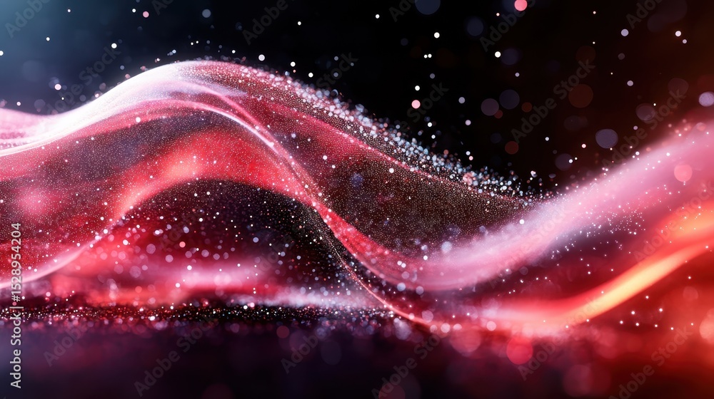 Poster an abstract wave of shimmering red particles gracefully moves through space, representing fluidity a