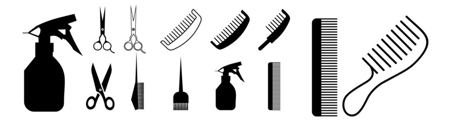 Barber supplies. Silhouette hairdressing tools. Hair salon concept.