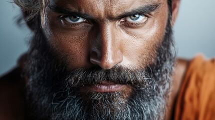 Obraz premium This striking portrait captures a bearded man's intense gaze with piercing blue eyes, conveying powerful emotions and a strong character through detailed facial features.