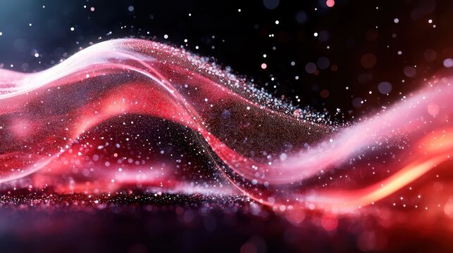 An abstract wave of shimmering red particles gracefully moves through space, representing fluidity and emotion, with a blend of ethereal beauty and artistic expression.